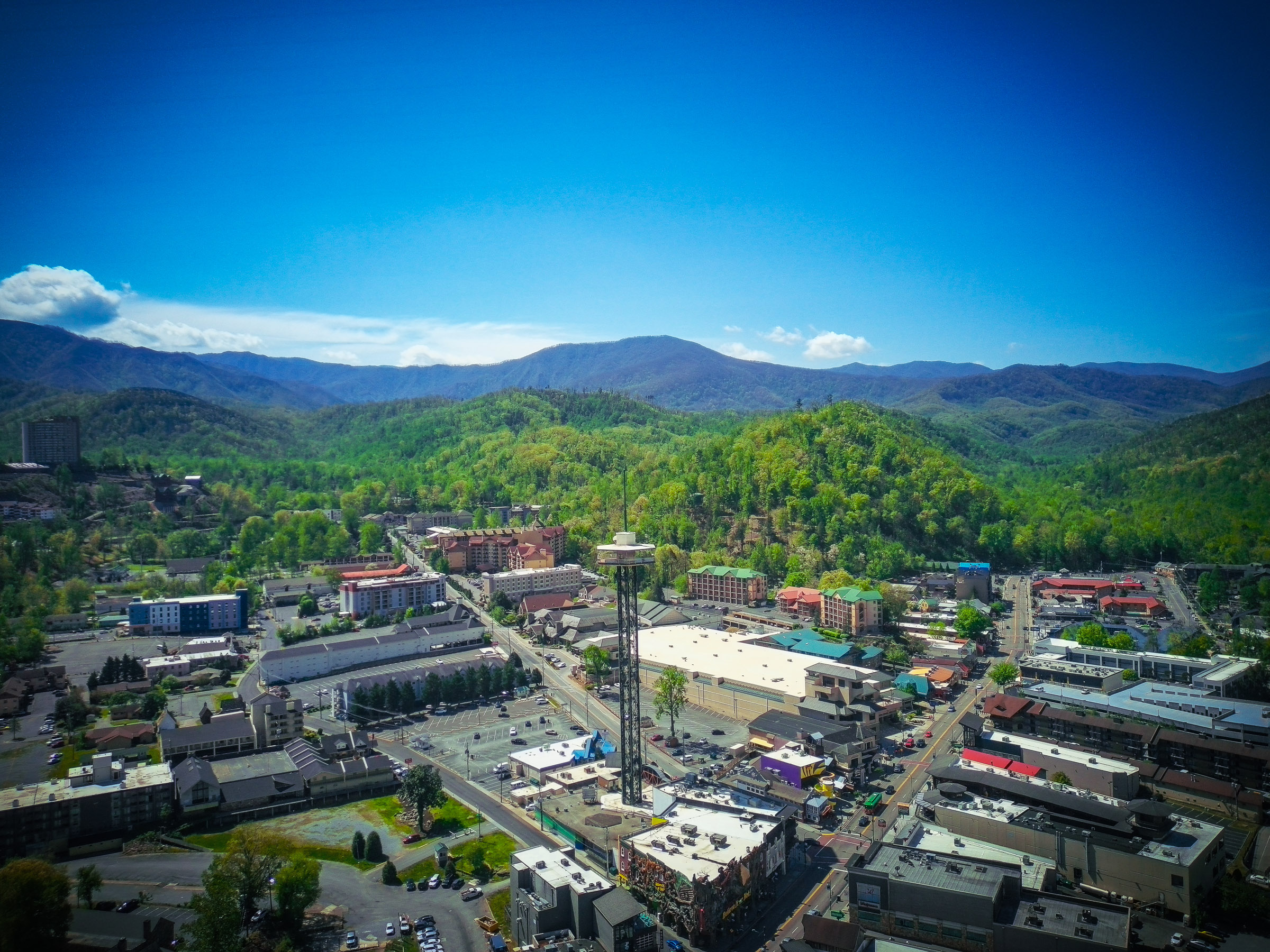 Aerial view of downtown Gatlinburg taken via drone Aerial view of downtown Gatlinburg taken via drone
